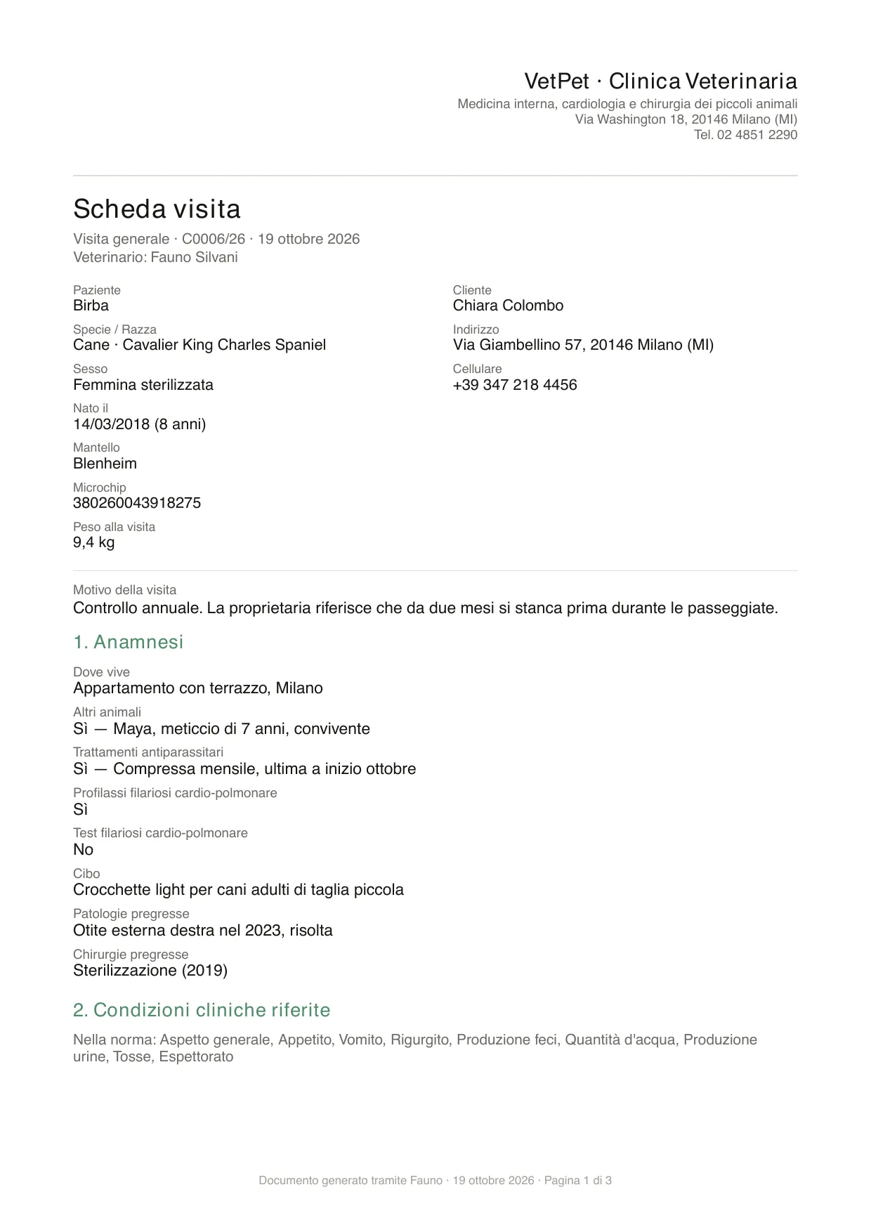 Prima pagina della scheda visita in PDF, su carta intestata